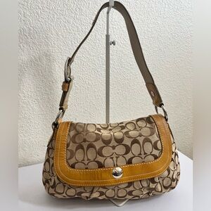 Coach Brown Signature Canvas Shoulder Bag with Tan Trim